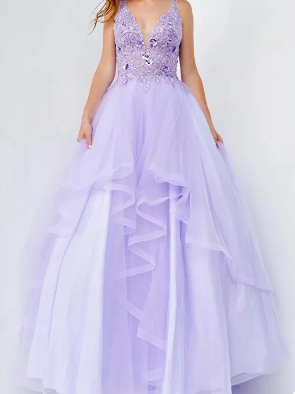 Jovani Lilac Lace Appliqué V-Neck Ball Gown